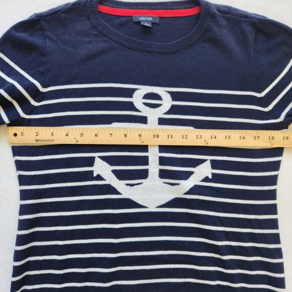 Nautica Navy & White Anchor Striped Sweater Preppy Prep Fisherman Coastal Cute - Picture 8 of 9